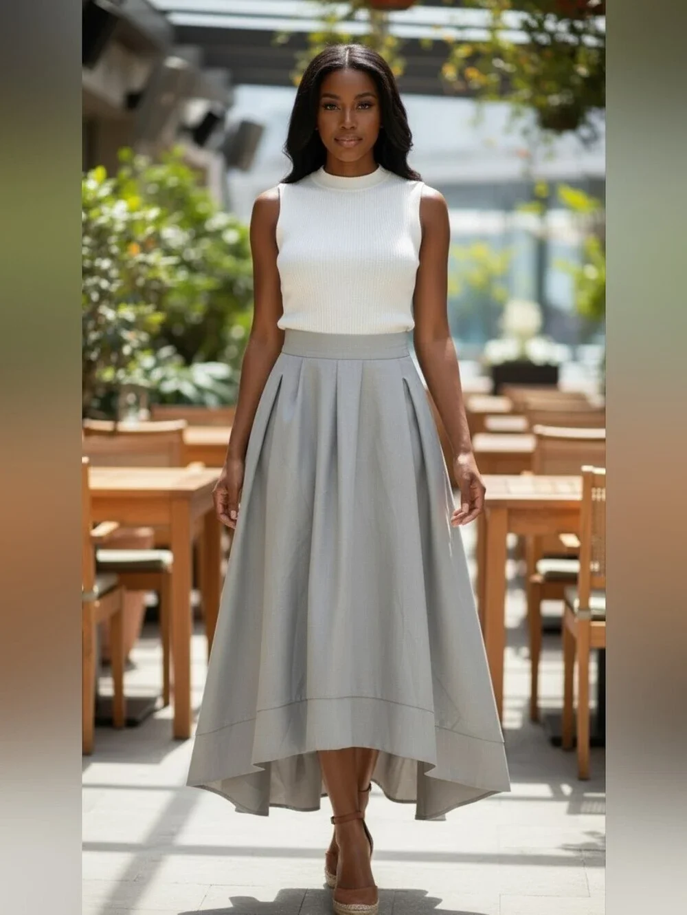 Sage Gray Pleated High Low Midi Maxi Skirt Elastic Waist Flowy Size XL
